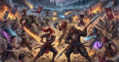 Armored warriors and magical beings clash in intense fantasy battle