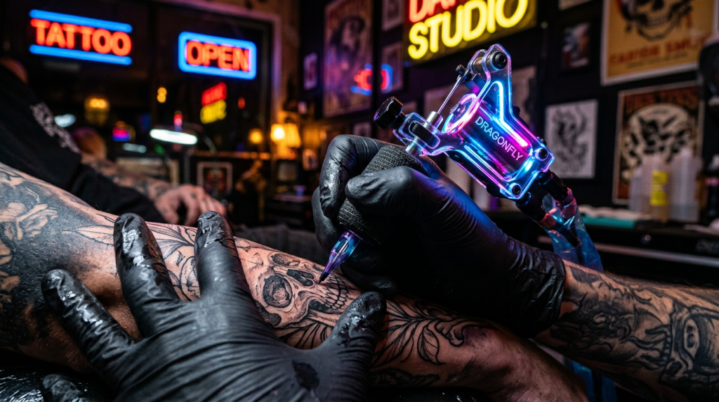 Neon-lit tattoo machines and gloved hands close-up