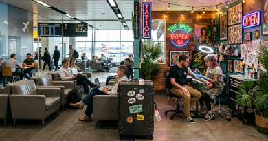 Tattoo artist applying a tattoo to a male customer in an airport tattoo shop next to a seating area and gate B32