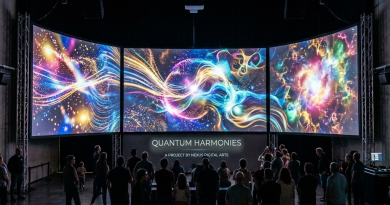 Group of people viewing three large vibrant digital art screens titled Quantum Harmonies