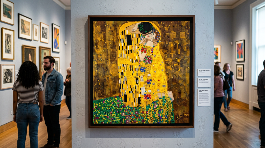 Framed mosaic of a couple embracing with vibrant patterns in a gallery