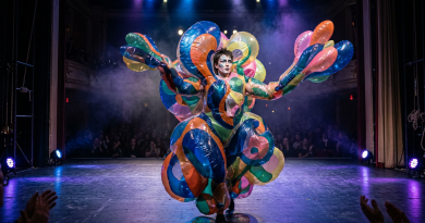 Performer in a large, multicolored inflatable costume on stage with audience and stage lights
