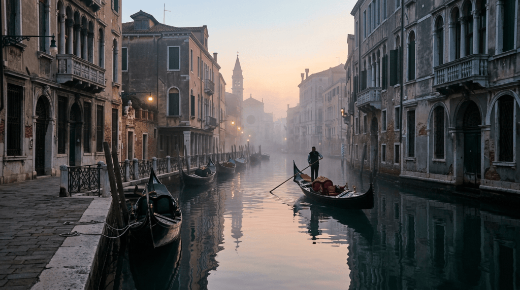 Gondolier rowing a gondola on a foggy Venice canal with old buildings