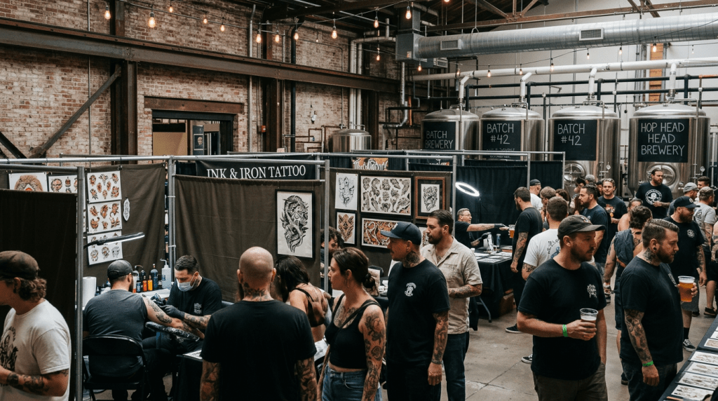 People at tattoo convention inside brewery with artwork and brewing tanks