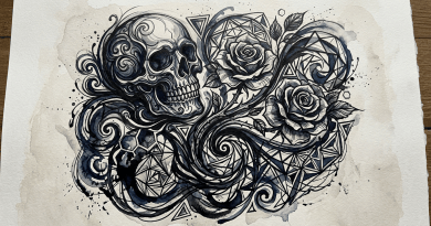 Black ink illustration of a skull with swirling designs, roses, and geometric shapes