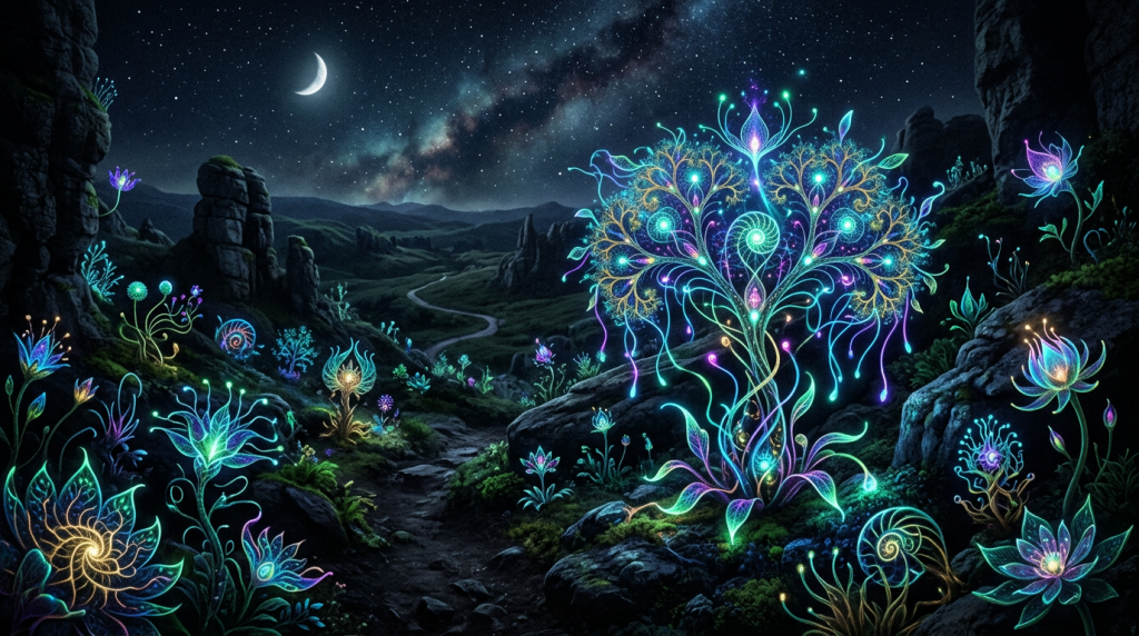 Glowing tree and bioluminescent fantasy plants under crescent moon and starry sky