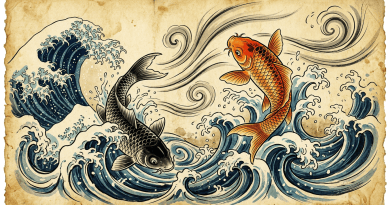Black and orange koi fish swimming in stylized blue ocean waves with swirling water patterns
