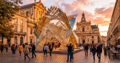 Geometric metal art installation with colorful panels in a historic European city square at sunset