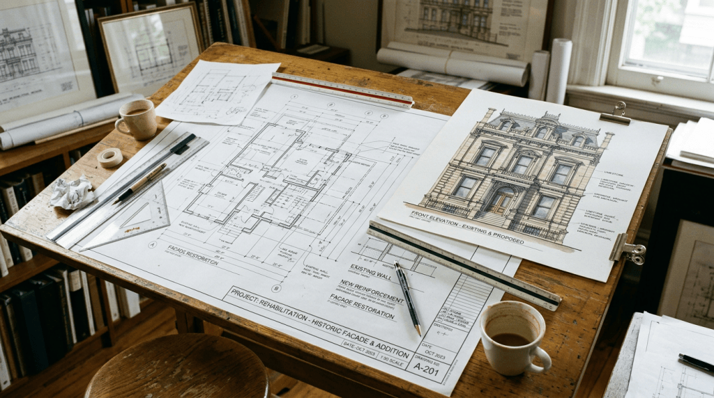 Architectural blueprints and colored building elevation on a wooden drafting table with coffee cups and drafting tools