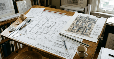 Architectural blueprints and colored building elevation on a wooden drafting table with coffee cups and drafting tools