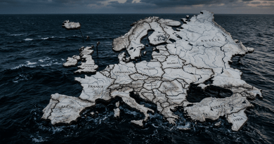 3D map of Europe with country names floating on ocean water