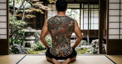 A man kneeling with a large traditional Japanese dragon tattoo covering his entire back