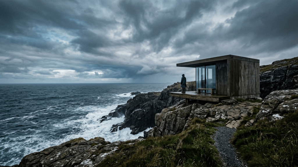 Modern shelter with large windows on rocky cliff overlooking rough ocean