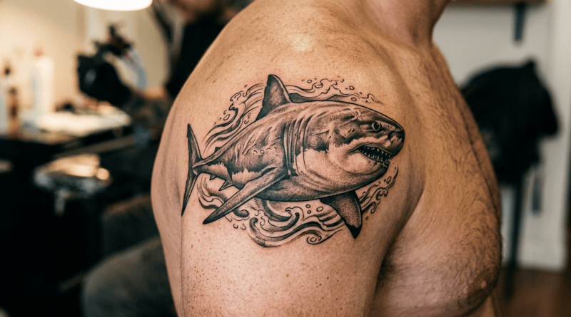 Realistic black and grey shark tattoo with swirling water design on shoulder