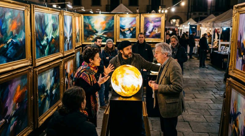 Group of people discussing art around glowing sphere sculpture at outdoor gallery