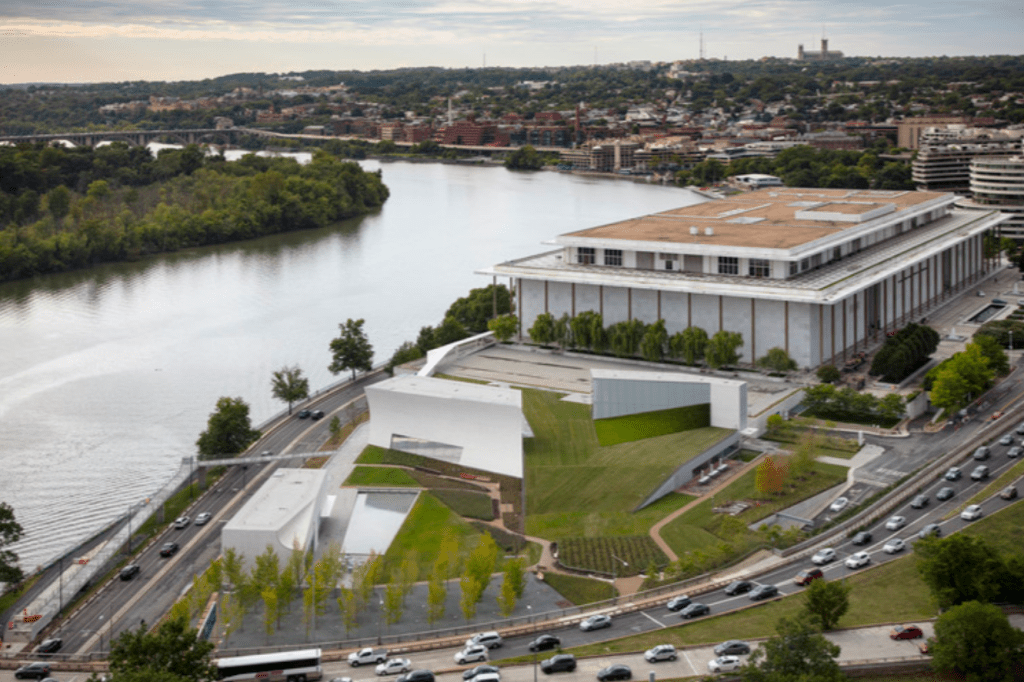 The John F. Kennedy Center for the Performing Arts along the Potomac River in Washington, D.C. (Image via architectural documentation of the landmark.)