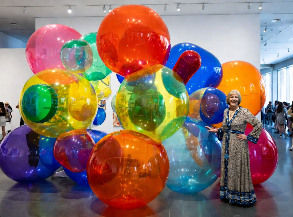 Artist Pat Oleszko posing beside a giant colorful inflatable sculpture in a bright museum gallery space during the 2026 Whitney Biennial.)