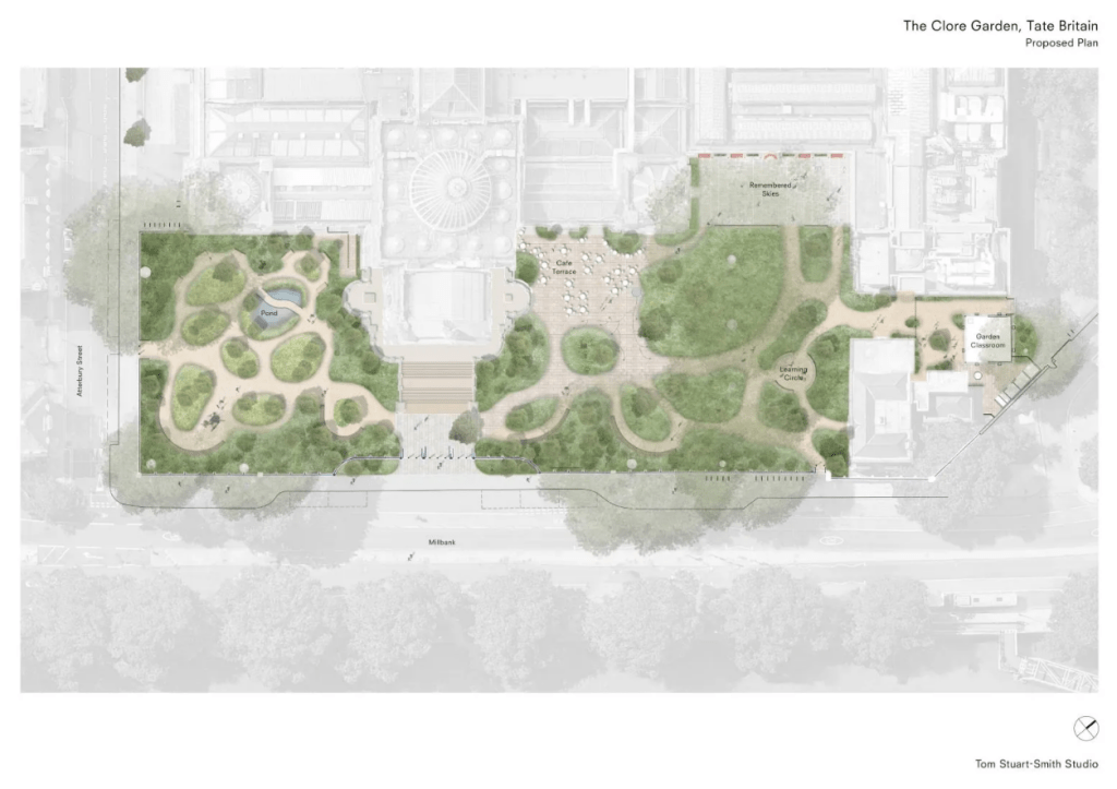  Architectural plan of the Clore Garden at Tate Britain featuring organic planted areas, pathways, a central pond, café terrace, and outdoor learning spaces along Millbank.