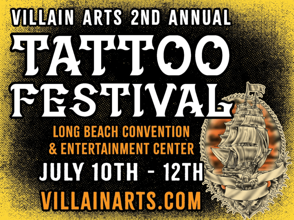 Bold yellow and black event poster featuring sailing ship illustration and festival dates July 10-12 at Long Beach Convention Center.