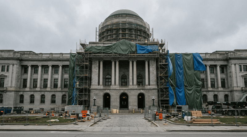 Historic building with dome under scaffolding and tarps during restoration
