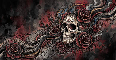Decorative skull with floral and swirling designs on dark textured background