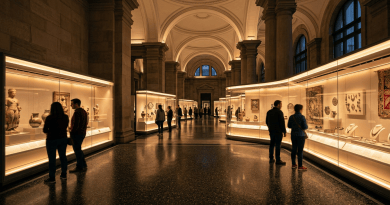 Visitors viewing ancient artifacts and jewelry in illuminated museum display cases