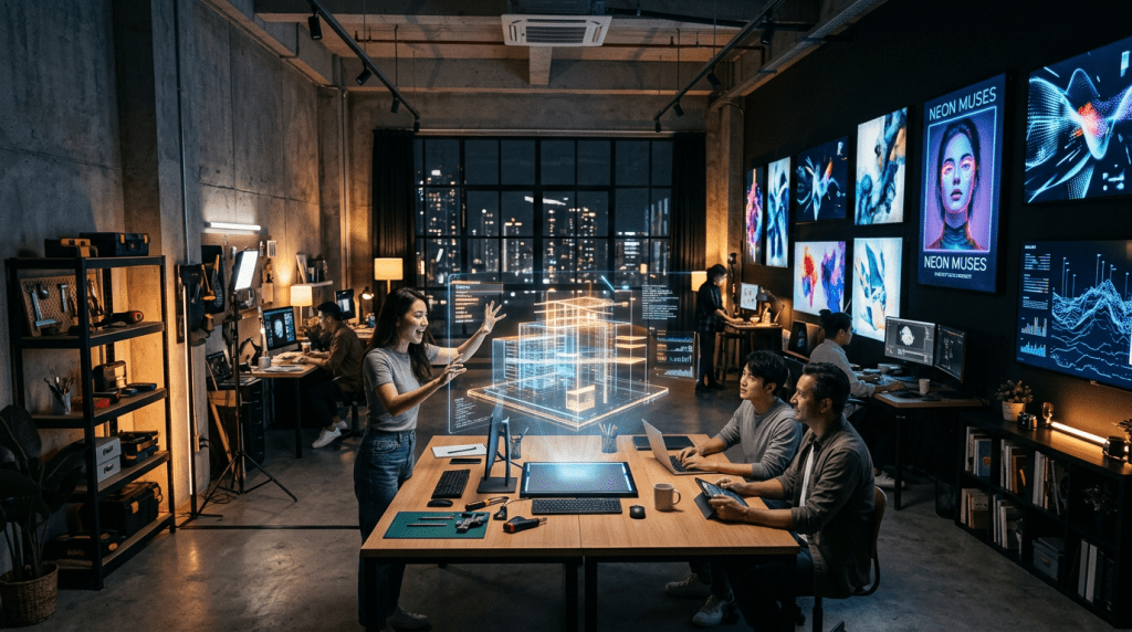 Contemporary studio with holographic projections and digital canvases