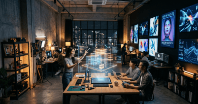 Contemporary studio with holographic projections and digital canvases