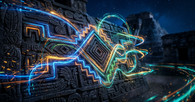 Ancient stone carving illuminated by colorful neon light trails