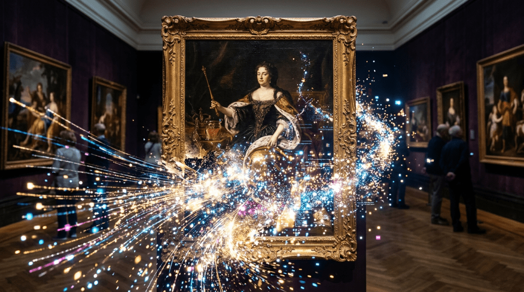 Classic portrait painting in ornate frame with digital sparkling light effects overlay in museum gallery