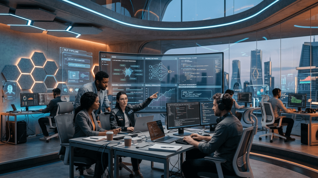 Team members collaborating in a futuristic tech office with AI and machine learning data displayed on multiple monitors
