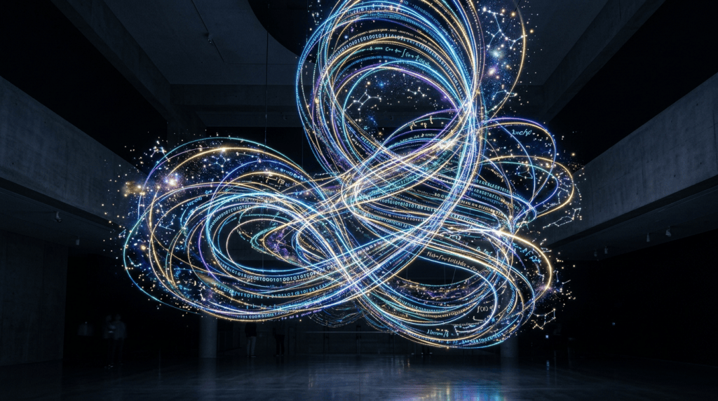 Multicolored coded light trails forming an abstract installation in a dark gallery