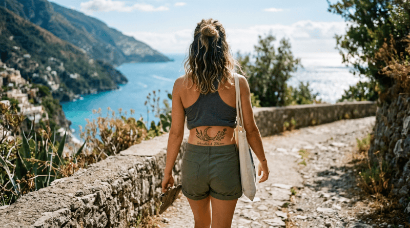 Traveler walking along a coastal path overlooking a turquoise bay
