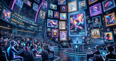 Futuristic digital art auction with bidders viewing artwork and bidding screens