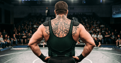Wrestler in black singlet standing on a mat before spectators