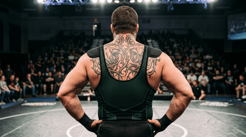 Wrestler in black singlet standing on a mat before spectators