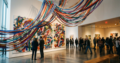 Visitors viewing colorful abstract paintings beneath multicolored hanging ribbons in a gallery