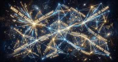 Cosmic network with text: WORDS TAKE FLIGHT, THE MIND'S STARMAP, POETRY IS LIGHT, CONNECTING HEARTS, ETERNAL RHYTHM, GEOMETRY OF SOULS, SHARED ECHOES, LUMINOUS OF THOUGHT, THREADS OF THOUGHT, THE INFINITE VERSE, and GEOMETRY OF SOULHM.