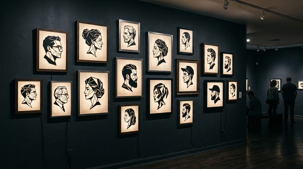 Gallery wall displaying illuminated framed geometric portraits