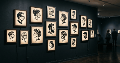 Gallery wall displaying illuminated framed geometric portraits