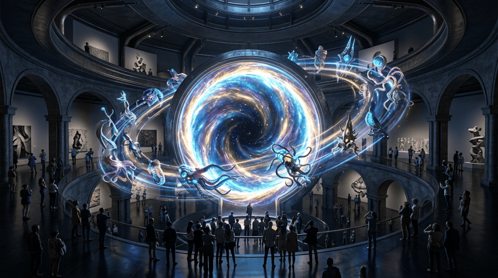 Visitors viewing a glowing cosmic portal installation with fantastical sea creatures