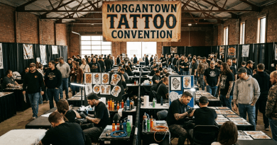 Crowded tattoo convention with artists, clients, booths, and visible Morgantown Tattoo Convention banner