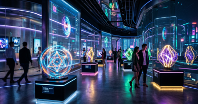 Visitors viewing glowing geometric digital sculptures in a futuristic gallery