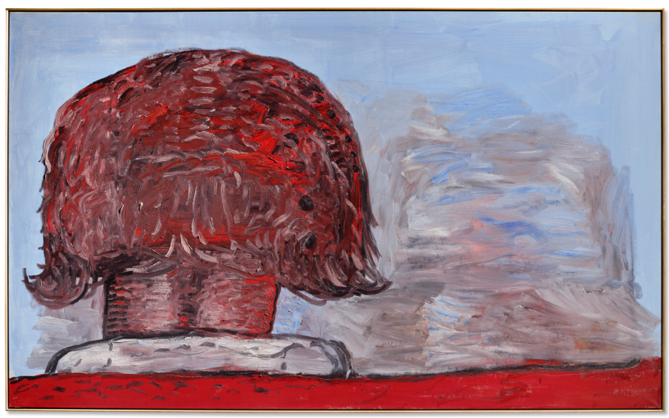 Large horizontal painting by Philip Guston showing the back of a woman’s head with thick red and mauve brushstrokes against a pale blue background and a hazy reflected form.