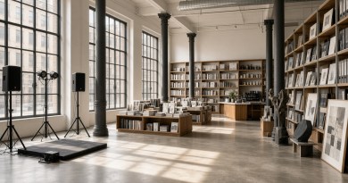 Expansive open-plan loft interior of Blank Forms’ new SoHo art space at 151 Lafayette Street, featuring large industrial windows, performance area, bookstore, and archival shelves bathed in natural light