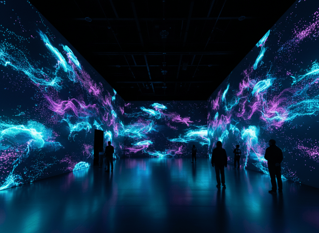 Landscape immersive digital art gallery with glowing screens