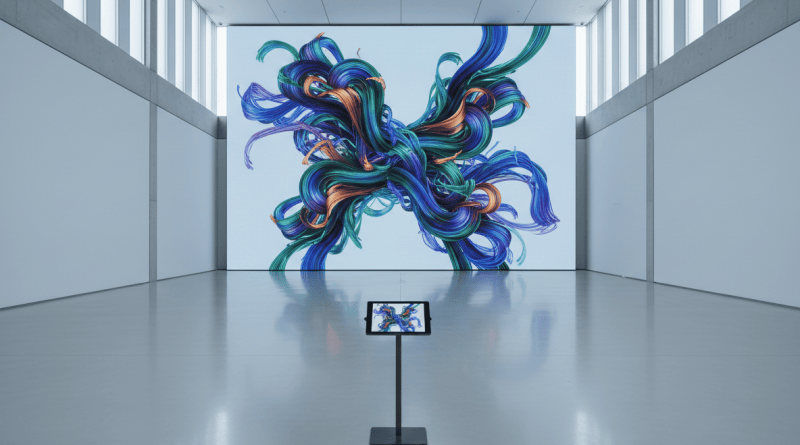 A Swiss museum gallery with a glowing abstract digital artwork on the wall.