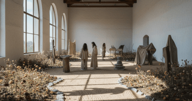 Museum gallery with earth and natural materials atmosphere