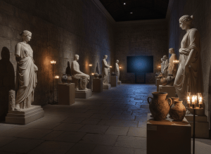 A dim gallery chamber with marble sculptures and vessels