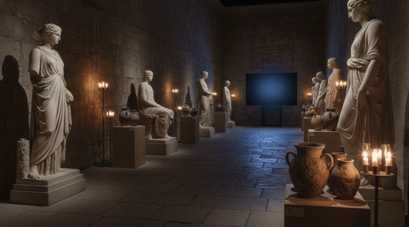 A dim gallery chamber with marble sculptures and vessels